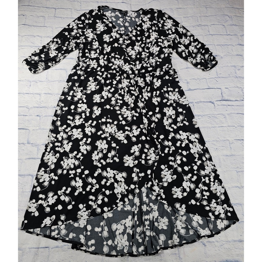 Lane Bryant High Low Dress Womens 22/24 Black White Floral Faux Wrap